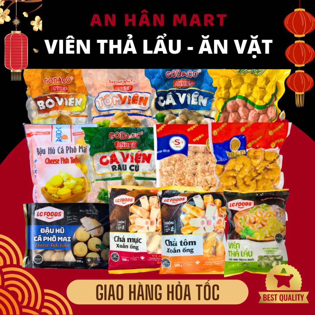 Viên thả lẩu VN, cá viên chiên các vị ăn vặt, viên xiên mix vị 200g/500g