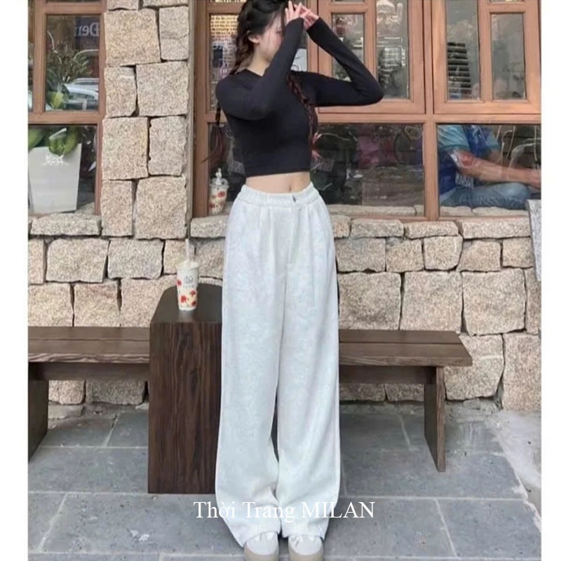 Quần ống rộng nỉ 2 da cao cấp cúc cài co giãn nữ m50 m55 m60 - Quần thể thao ống suông dài cạp chun đi học thể dục nhà | BigBuy360 - bigbuy360.vn