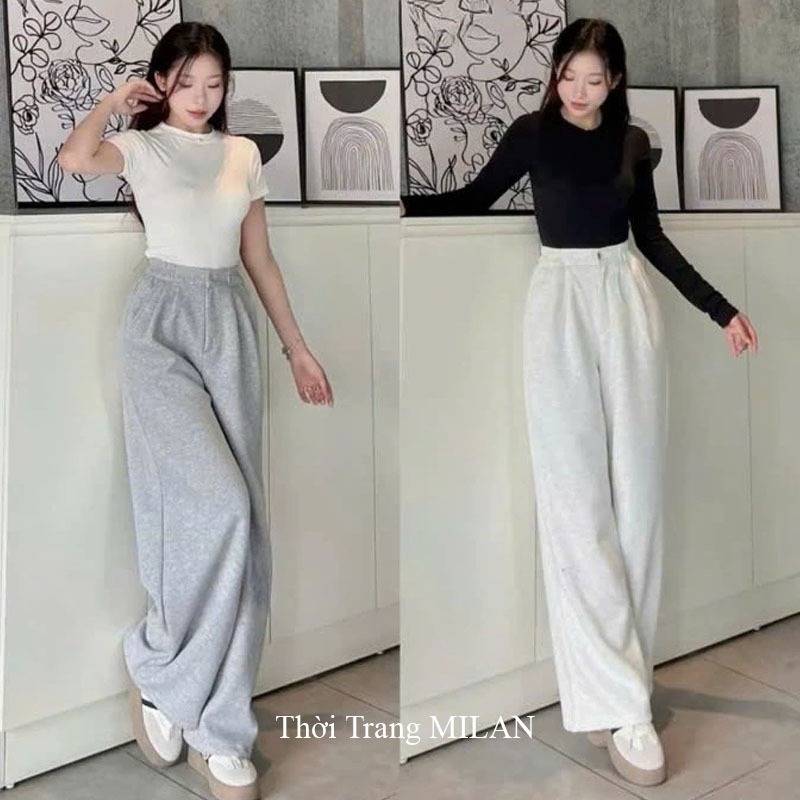 Quần ống rộng nỉ 2 da cao cấp cúc cài co giãn nữ m50 m55 m60 - Quần thể thao ống suông dài cạp chun đi học thể dục nhà | BigBuy360 - bigbuy360.vn