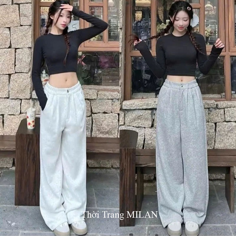 Quần ống rộng nỉ 2 da cao cấp cúc cài co giãn nữ m50 m55 m60 - Quần thể thao ống suông dài cạp chun đi học thể dục nhà | BigBuy360 - bigbuy360.vn