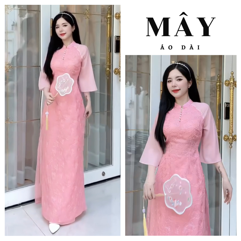 Áo Dài Nữ Truyền Thống, Tơ Thêu Hoa, 4 Tà, Đính Ngọc, Trẻ Trung, Màu Hồng (MD40.H) - Áo Dài Nhà Mây
