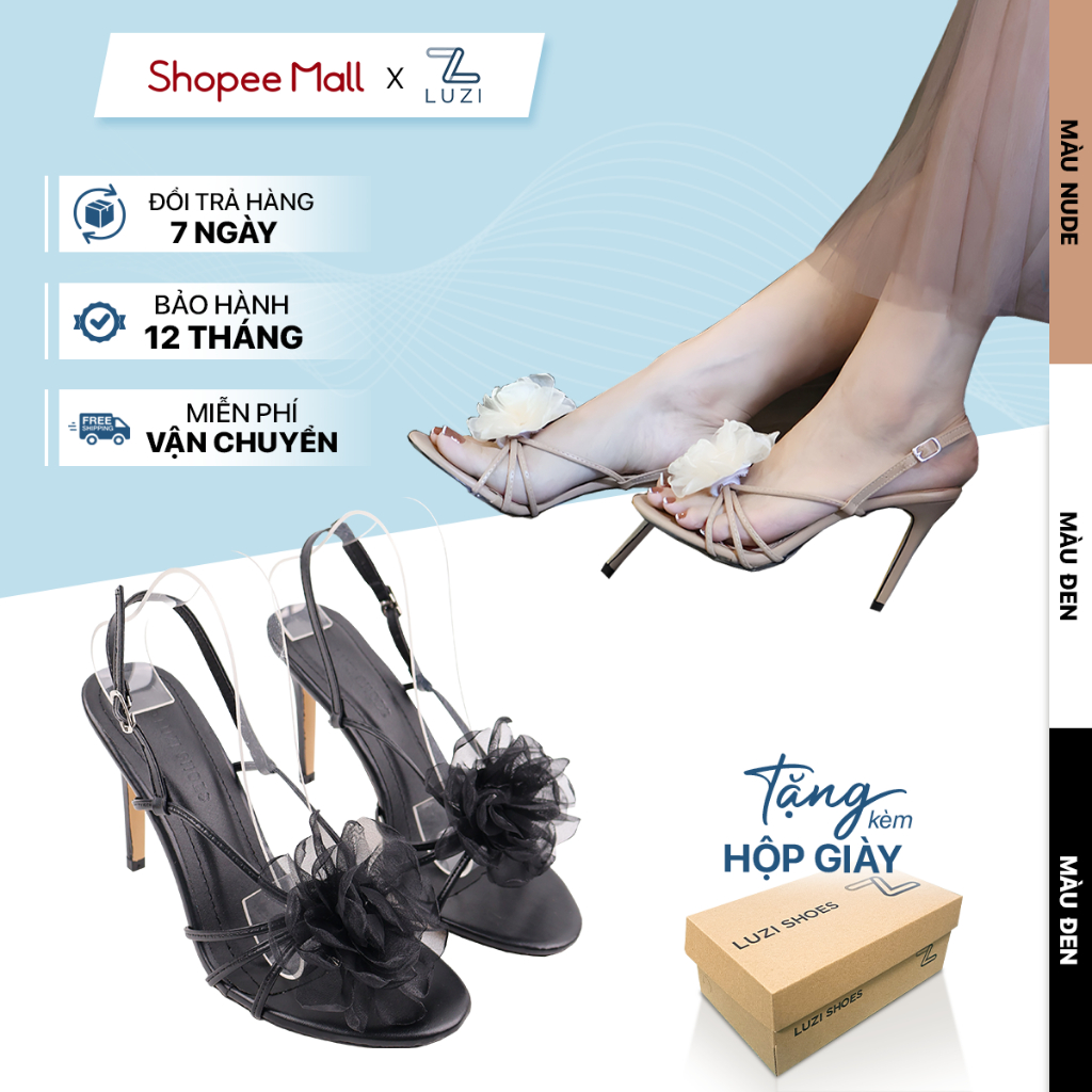 Giày cao gót nữ mũi tròn gắn hoa cao 9p, sandal nữ dây đan chéo gót nhọn đi chơi đi tiệc mẫu mới LUZ
