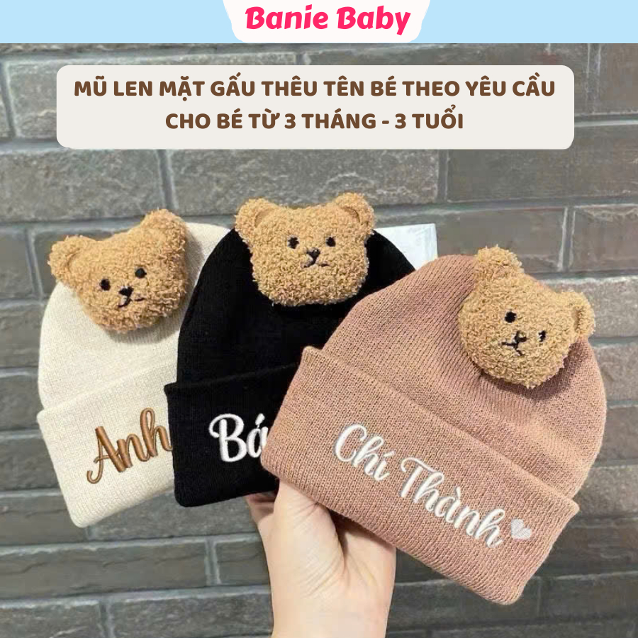   THÊU TÊN  Mũ Len Cho Bé Mũ Len Đính Gấu Thêu Tên Theo Yêu Cầu Phong Cách Hàn Quốc Mũ Len Dệt Kim Len Mềm Mịn Siêu Ấm 