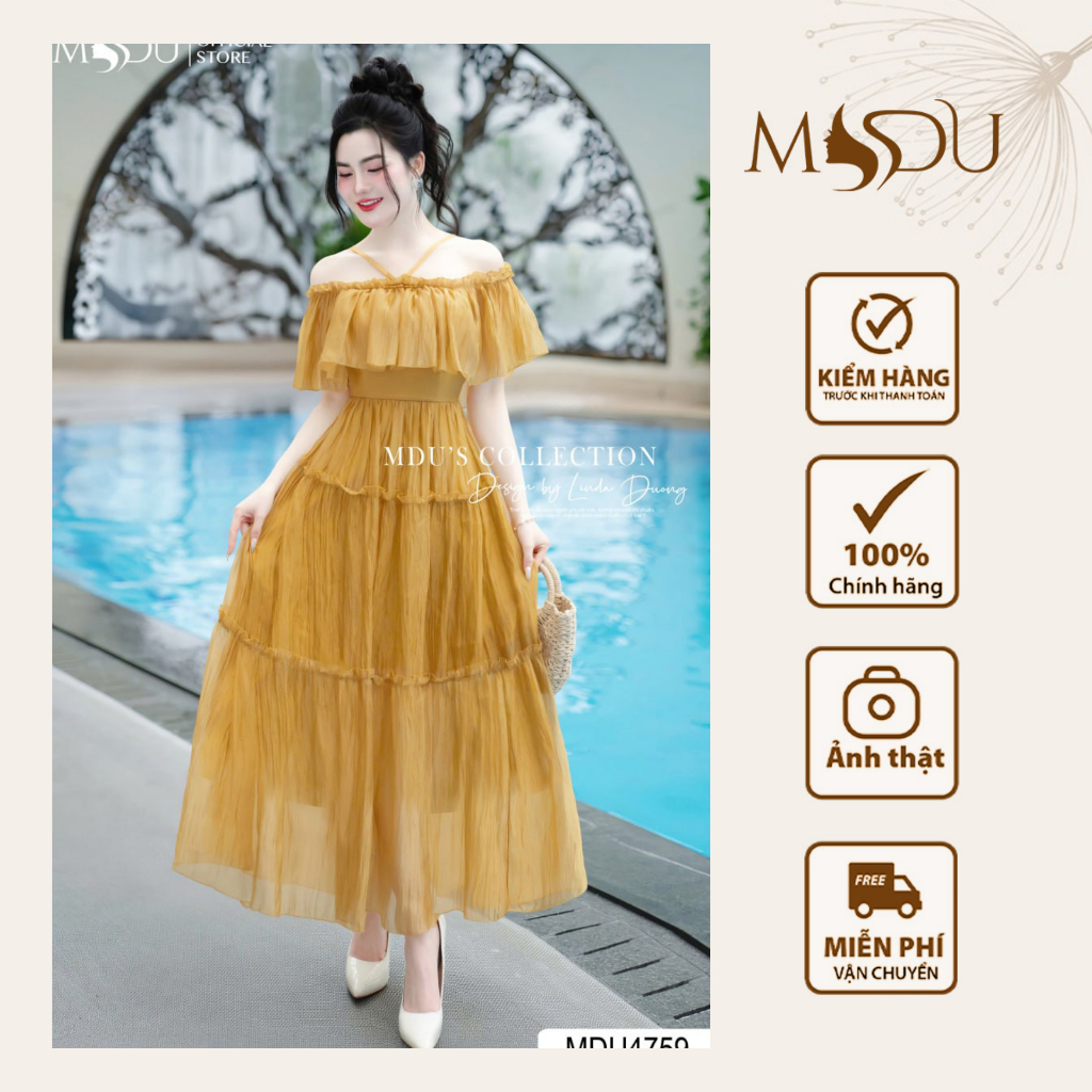 Váy Đi Biển MDU4759 Trễ Vai Chân Váy Tầng Gam Màu Vàng Mật Ong Rực Rỡ Nổi Bật Từ MDU