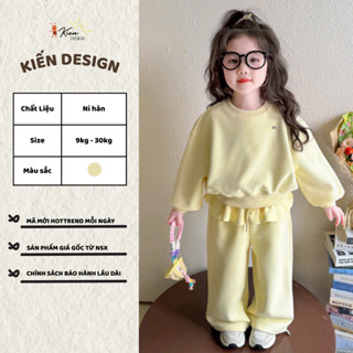 Bộ Nỉ Thu Đông Phối Viền Bèo Cho Bé Gái 9-30kg Màu Vàng Pastel Xinh Xắn Phong Cách Hàn Quốc - Kiến Design KBO02 