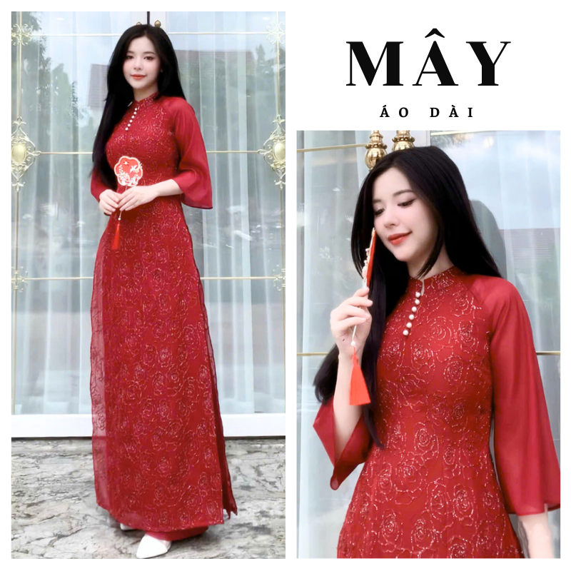 Áo Dài Nữ Truyền Thống, Tơ Thêu Hoa, 4 Tà, Đính Ngọc, Trẻ Trung, Màu Đỏ (MD40.D) - Áo Dài Nhà Mây