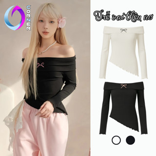 Áo Thun TAY DÀI TRỄ VAI VẠT CHÉO Thêu Nơ Hồng Dáng Dài Nữ DD157, Áo Thun Nữ Chất Gân Vạt Lệch OWL CORNER