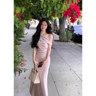   40-80Kg  Đầm Váy Lụa Lệch Vai Xếp Li Eo Form Dài Mặc Đi Tiệc Siêu Xinh  Có BigSize  UnihomeClothing CT357 