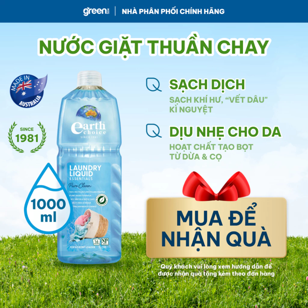 Nước giặt thuần chay giặt đồ lót làm sạch vết bẩn trên đồ lót quần áo giữ bền dáng đồ Earth Choice Úc, chai x 1L