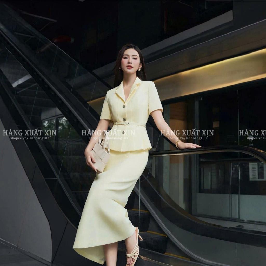 Bộ áo vest nữ kèm đai và chân váy midi xẻ sau thanh lịch – set công sở sang chảnh