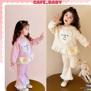 (9-22kg) Set Bộ Đồ Quần Áo Dài Tay Thu Đông Chất Len Lông Thỏ Quần Loe Phối Bèo Ren Màu Hồng Kem Cho Bé Gái_BABY517