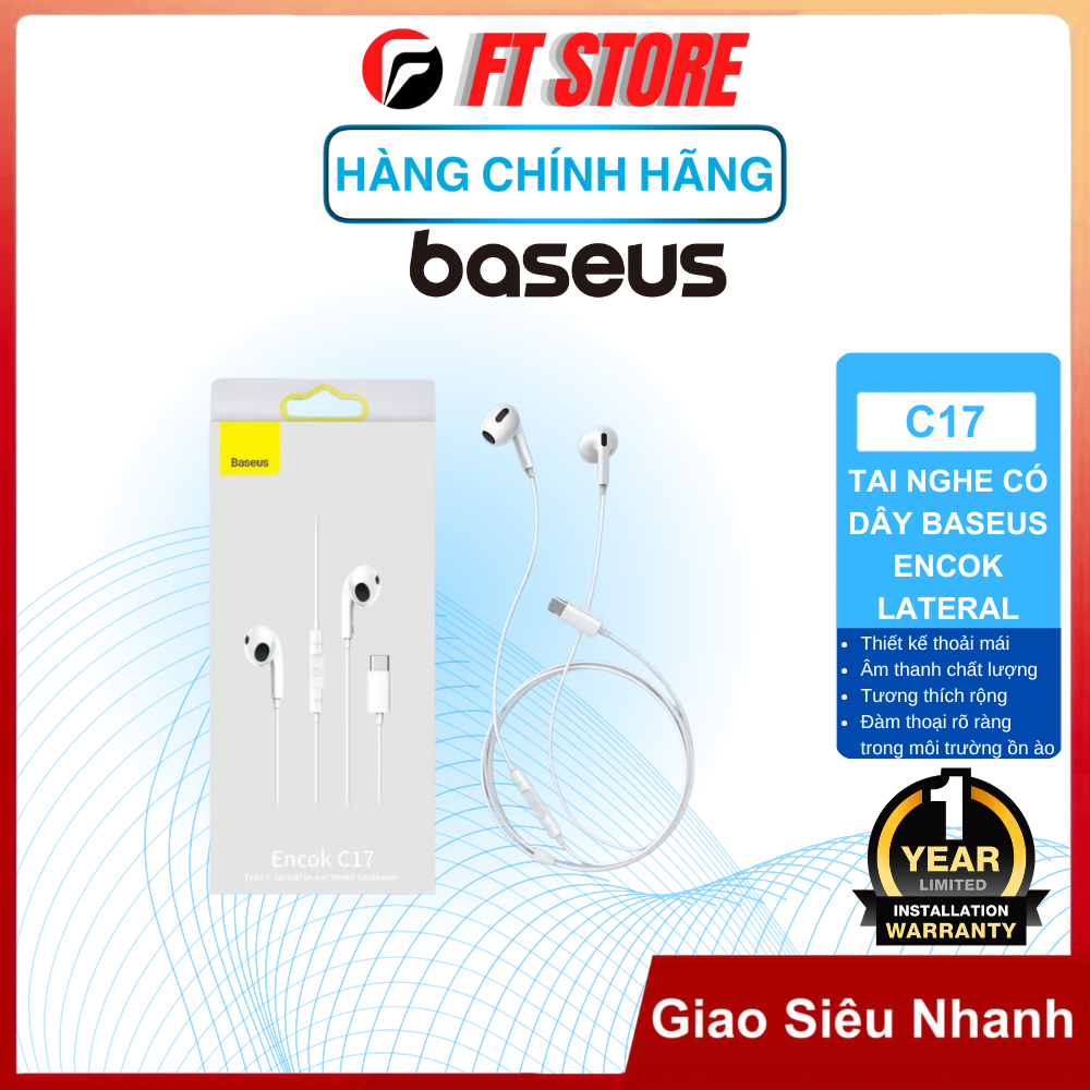 Tai nghe Type - C Baseus Encok lateral in-ear Wired Earphone - C17 Công thái học, âm thanh chất lượn
