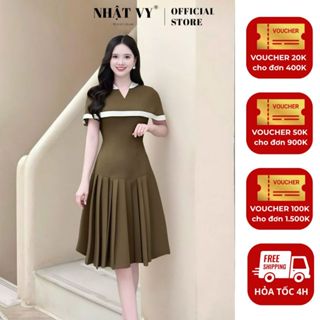  Đầm công sở Nhật Vy xếp ly cổ tròn tay cách điệu form dáng xòe chất lụa phù hợp đi chơi - D3441 