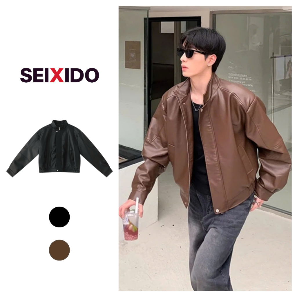 Áo khoác da nam boxy croptop Seixido áo da bomber cao cấp dài tay cổ trụ Leather Jacket phong cách H