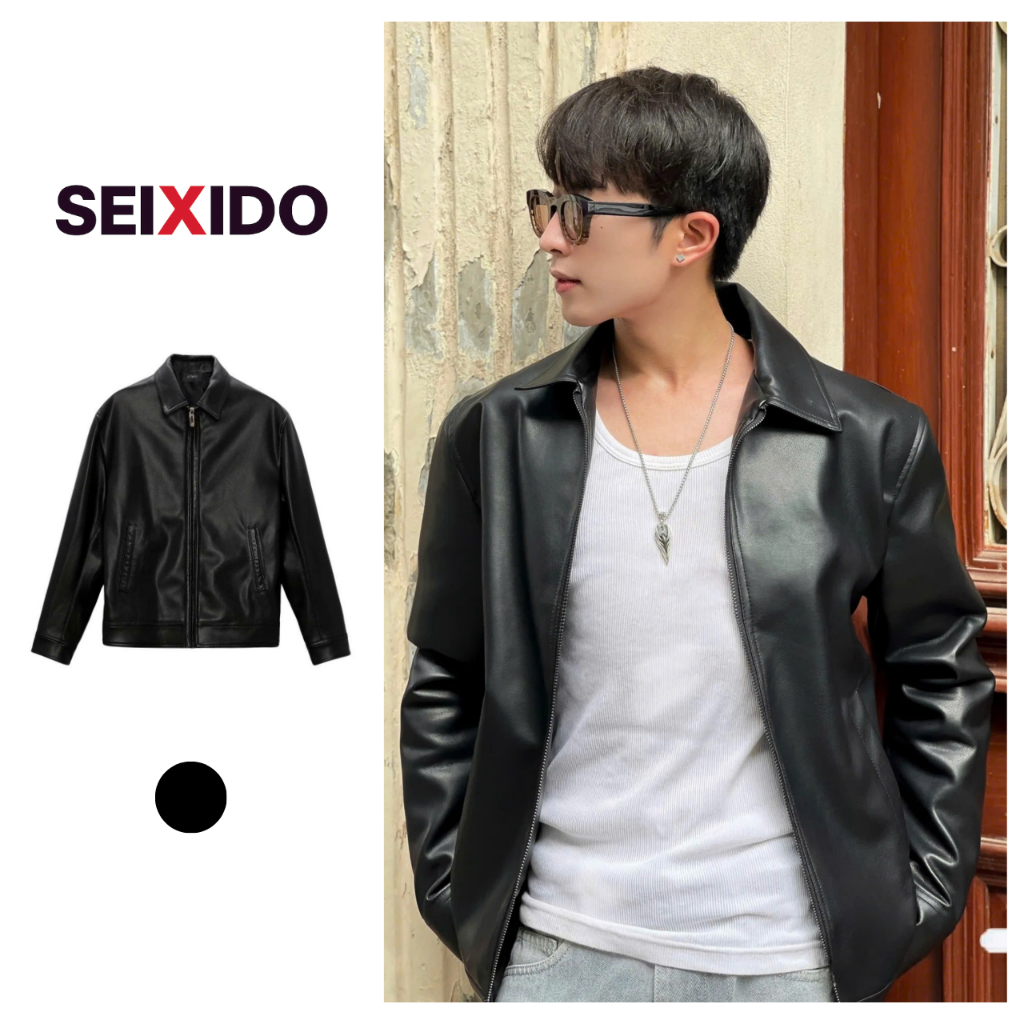Áo khoác da nam SEIXIDO áo da nam PU cao cấp dáng vừa cổ bẻ phối khoá form regular fit N002