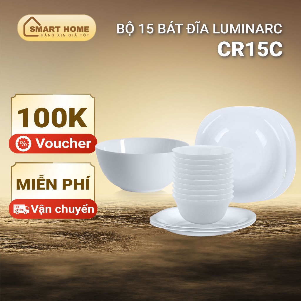 Bộ bát đĩa (bộ tô,chén,dĩa) thủy tinh Luminarc Carine 15 món CR15C, dùng lò vi sóng, máy rửa bát