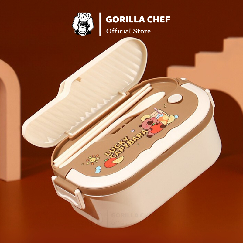 Hộp đựng cơm văn phòng 2 ngăn Capybara inox 304 Gorilla Chef tặng kèm muỗng đũa
