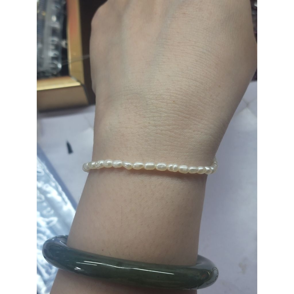 Vòng tay ngọc tr ai thật nước ngọt hạt gạo thô size 3 4 ly. khóa bạc 925