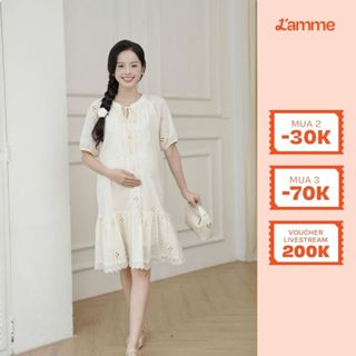 Váy bầu suông, đầm bầu mùa hè Flory Dress chất liệu thô boi thêu hoa cao cấp phối đuôi váy xếp li thiết kế BY L'AMME