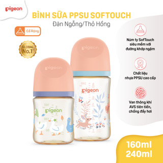 Bình Sữa Pigeon PPSU Softouch Baby-Friendly World Hoạ Tiết Đàn Ngỗng/Thỏ Hồng 160ml/240ml