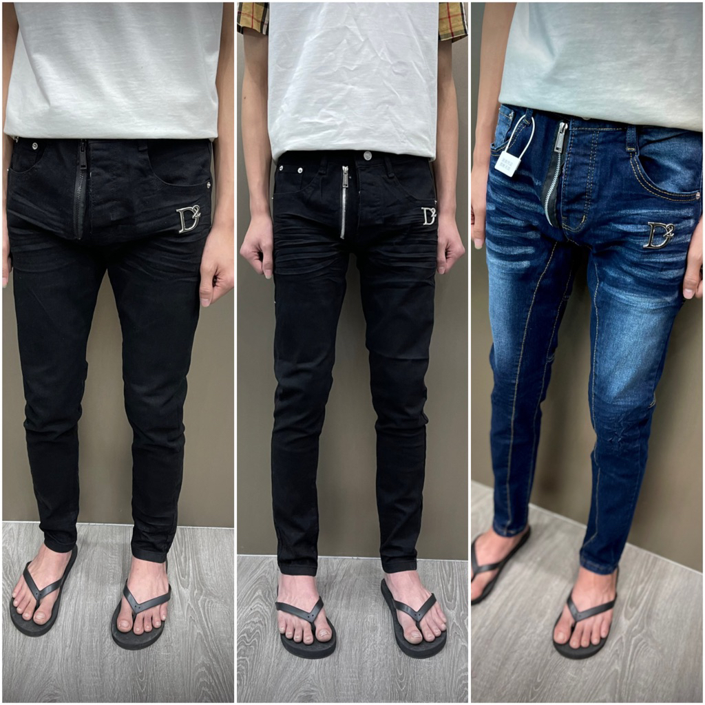Quần jean đen dập nhăn ghim D2 đơn giản mix thêu khóa lộ