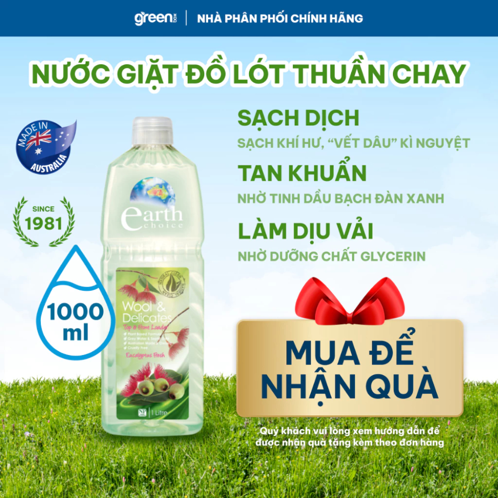 Nước giặt thuần chay tinh dầu bạch đàn làm sạch vết bẩn mùi hôi trên đồ lót vải len lụa quần áo Earth Choice Úc, chai 1L