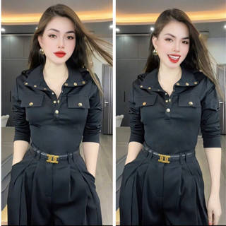 Áo thun cotton cúc bấm cổ polo bẻ tay dài cá tính míc cầu vai đính cúc dành cho nữ mùa thu hàng quảng châu cao cấp