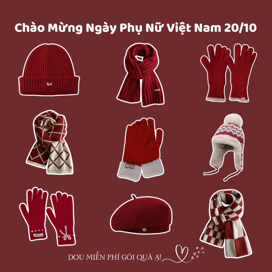 Combo Khăn Len Cashmere Quàng Cổ, Găng Tay Và Mũ Len Unisex Tone Đỏ Sang Trọng 20.10 NGÀY PHỤ NỮ VIỆT NAM - Mã TH001