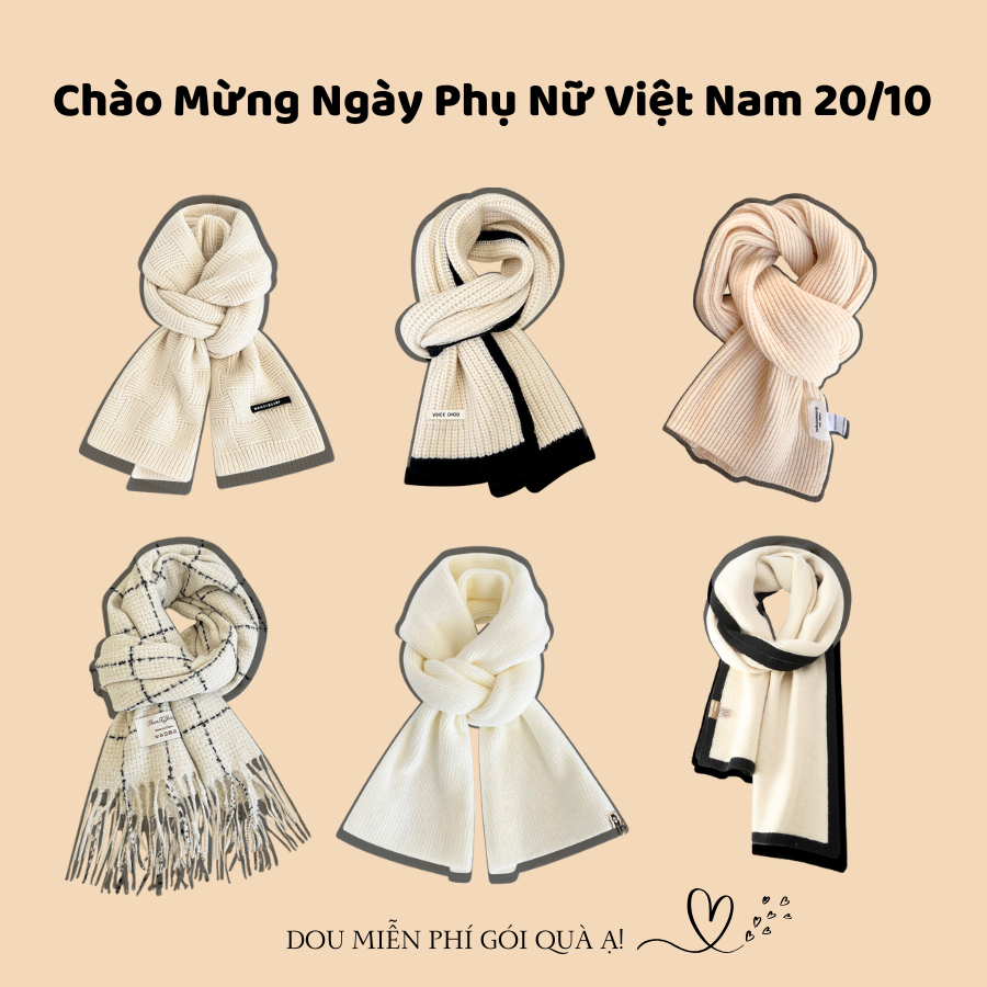 Khăn cashmere quàng cổ unisex, Khăn len dệt kim tone trắng be nhẹ nhàng QUÀ TẶNG 20.10 NGÀY PHỤ NỮ VIỆT NAM - Mã LN05