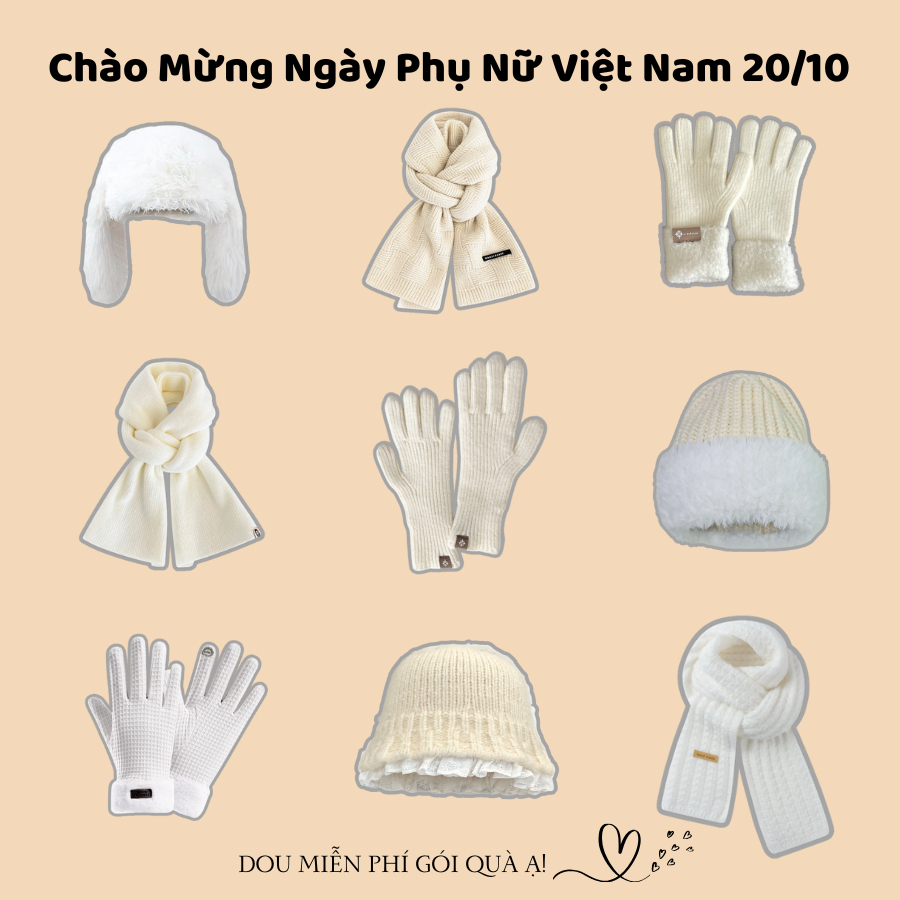 Combo Khăn Len Cashmere Quàng Cổ, Găng Tay Và Mũ Len Tone Trắng Be Nhẹ Nhàng 20.10 NGÀY PHỤ NỮ VIỆT NAM - Mã TH003
