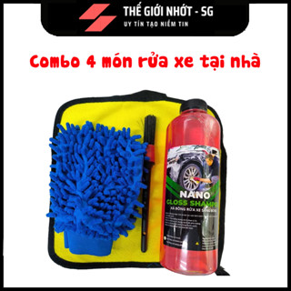  Combo 4 món rửa xe tại nhà  xà bông rửa xe 1 lít + khăn lau xe 2 mặt vàng xám 3M + găng tay san hô rửa xe + Cọ cán đen  