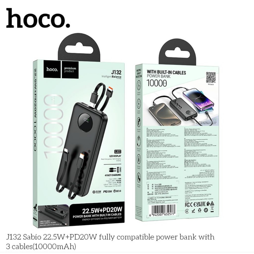 Pin sạc dự phòng hoco J132 10.000mah sạc nhanh 22,5w hiển thị phần trăm pin