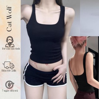 Áo ba lỗ cổ U nữ hở lưng có mút ngực mùa hè, Áo hai dây sát nách thun gân cổ vuông ôm thắt eo