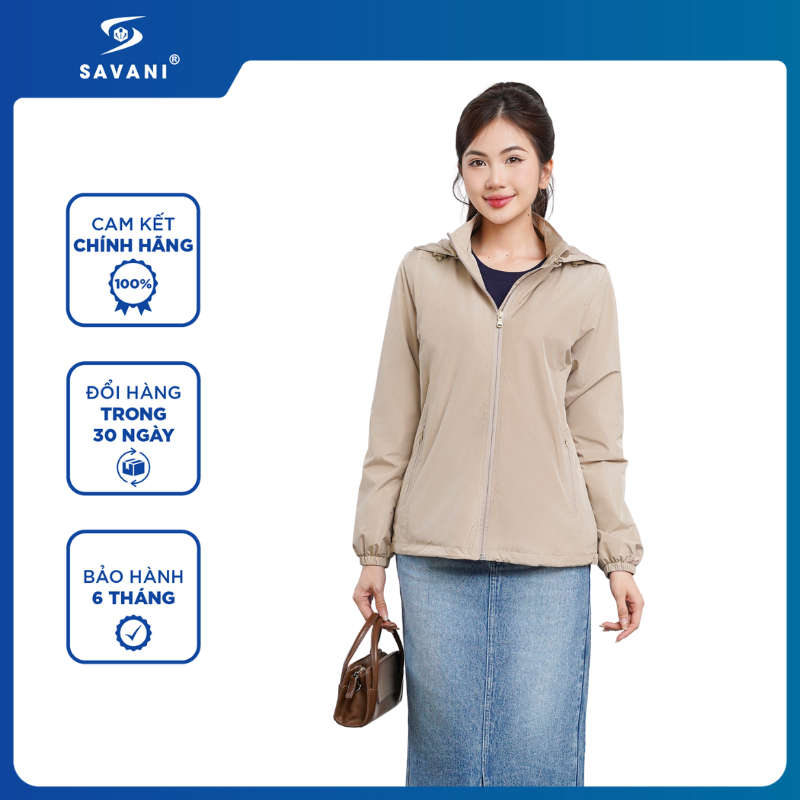 Áo Khoác Gió Nữ SAVANI Có Mũ 2 Lớp, Chất Vải Polyester Cản Gió Tốt, Chống Nước WGF003W4