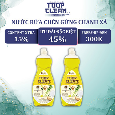 Nước Rửa Chén Thảo Mộc TOOP CLEAN 400G Hương Gừng Chanh Xả - Công Nghệ Safe Clean Power