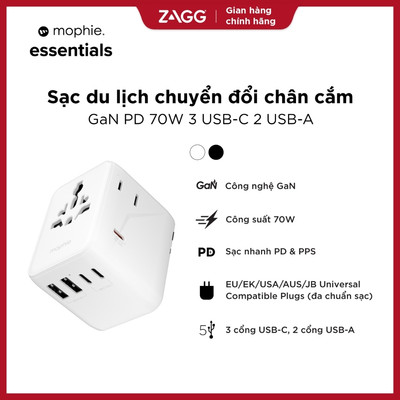 Củ sạc nhanh đa năng 35W/70W  Mophie Essential 3C2A công nghệ GaN - dành cho iPhone / iPad / Android