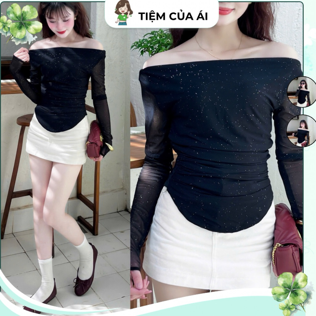 Áo Lưới Kim Tuyến Đính Đá Lấp Lánh Lệch Vai Tay Dài Ôm Dáng