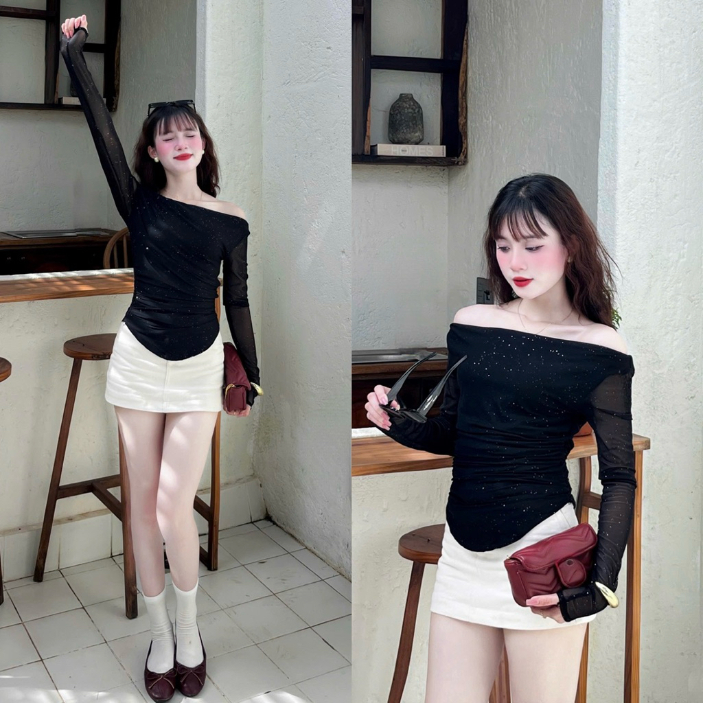Áo Lưới Kim Tuyến Đính Đá Lấp Lánh Lệch Vai Tay Dài Ôm Dáng | BigBuy360 - bigbuy360.vn