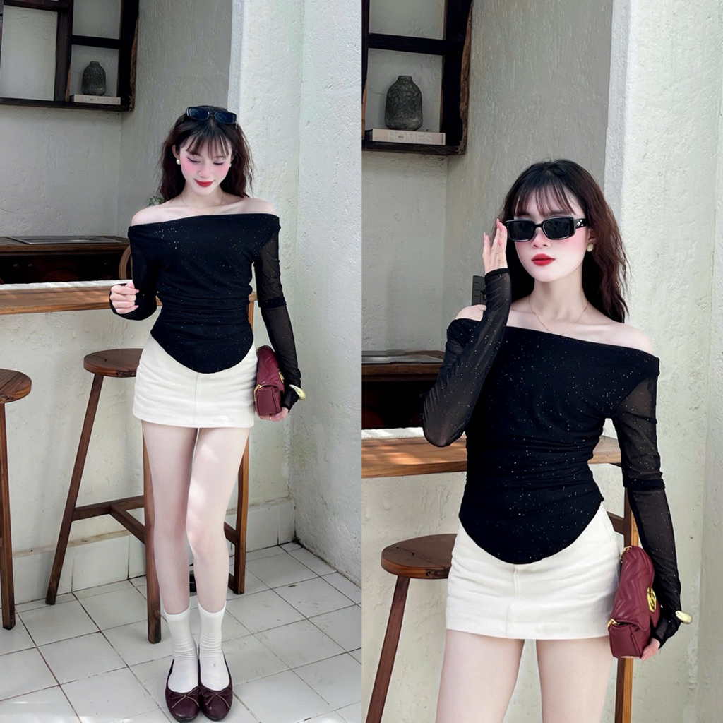 Áo Lưới Kim Tuyến Đính Đá Lấp Lánh Lệch Vai Tay Dài Ôm Dáng | BigBuy360 - bigbuy360.vn