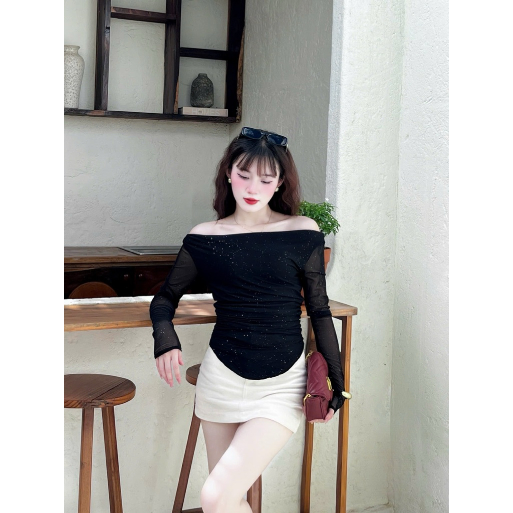 Áo Lưới Kim Tuyến Đính Đá Lấp Lánh Lệch Vai Tay Dài Ôm Dáng | BigBuy360 - bigbuy360.vn