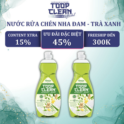 Nước Rửa Chén Thảo Mộc TOOP CLEAN 400G Hương Gừng Trà Xanh Nha Đam - Công Nghệ Safe Clean Power