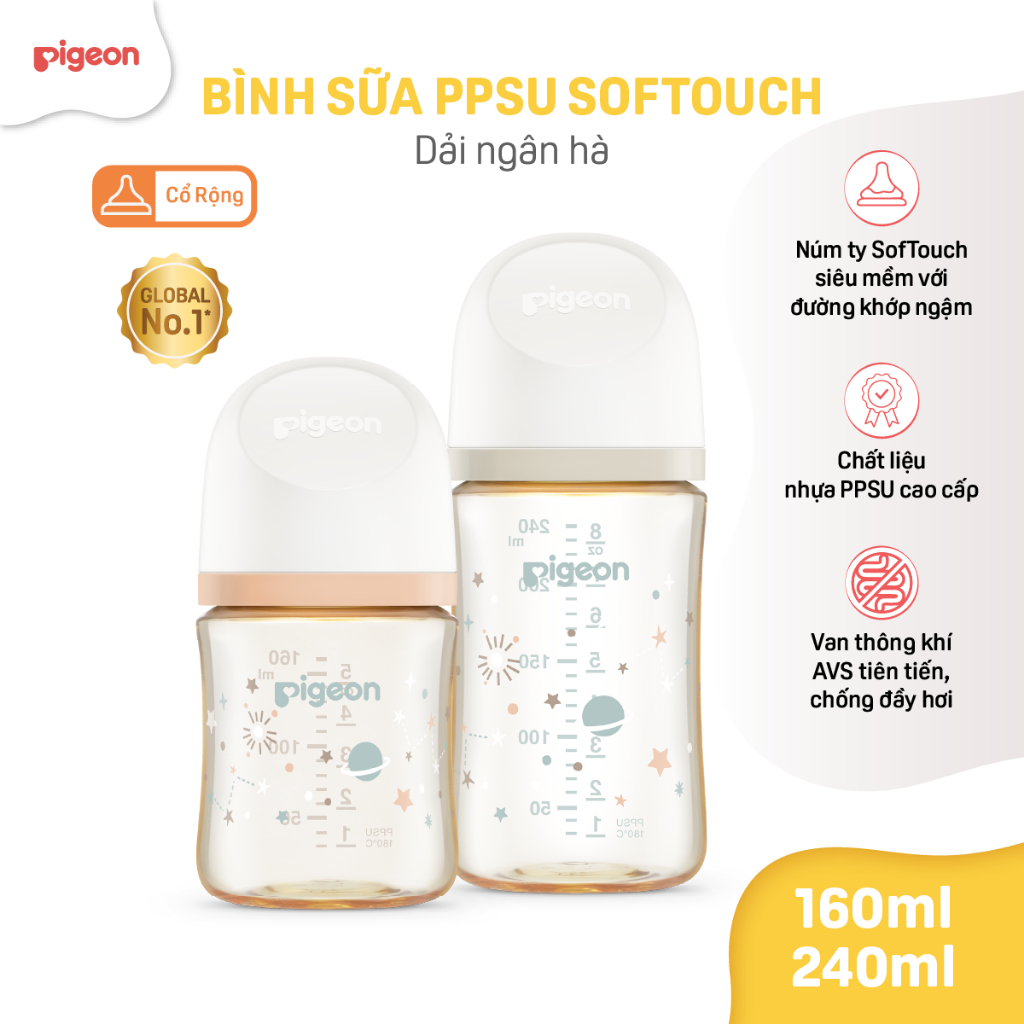 [PPSU] Bình sữa Pigeon chống đầy hơi cổ rộng cho bé sơ sinh núm ti siêu mềm chống sặc chính hãng 2