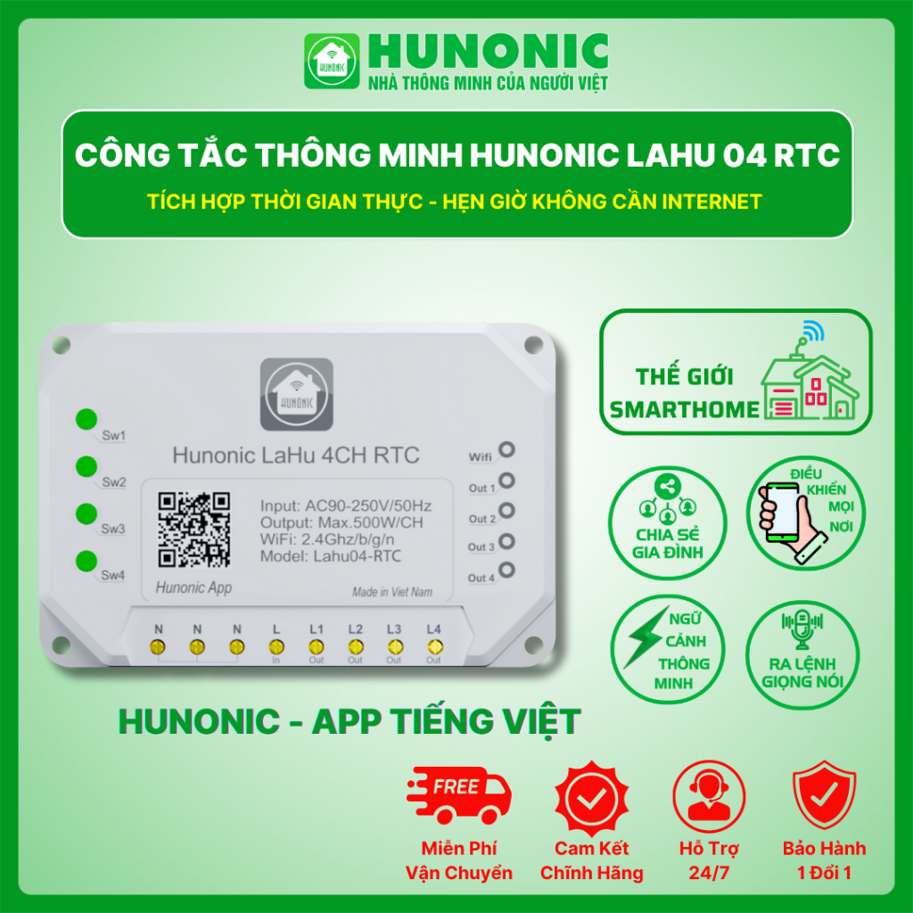 Công Tắc Thông Minh WiFi Hunonic Lahu 04 RTC – Tích Hợp IC Thời Gian Thực