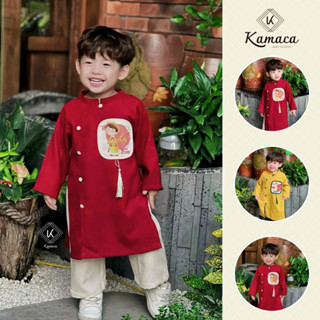  Áo dài Tết cho Bé Trai KAMACA gắn hình em bé dễ thương Chất liệu nhung tex cao cấp  Màu Đỏ và Vàng  