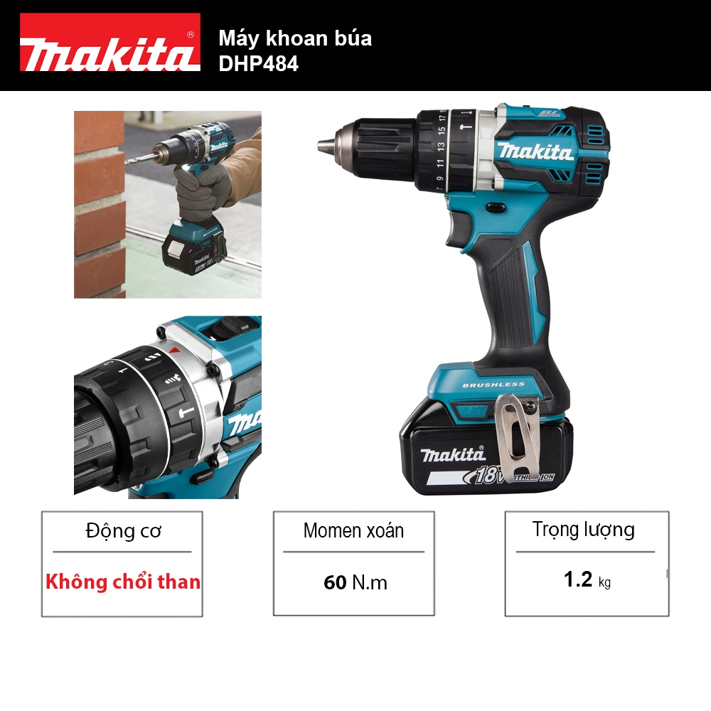 Máy khoan búa vặn vít dùng pin Makita DHP484 - Không chổi than | Makita Việt Nam