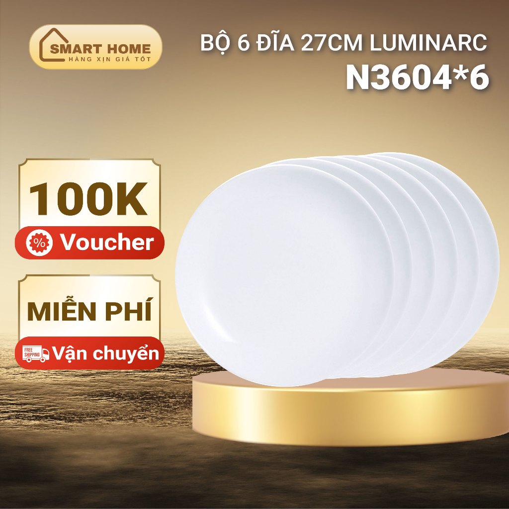 Đĩa/Bộ đĩa (dĩa) thủy tinh Luminarc Everyday 27cm N3604*6, dùng lò vi sóng, máy rửa bát