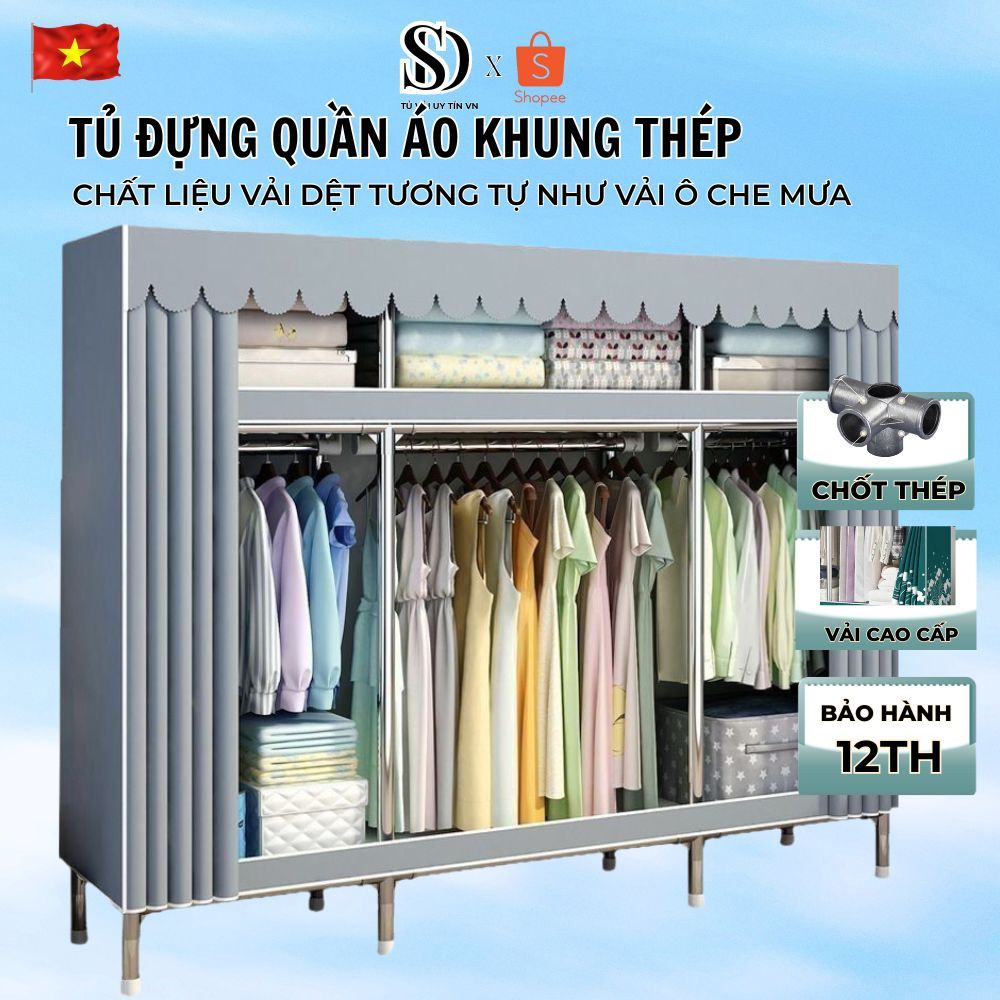 Tủ Quần Áo Tủ Vải Khung Thép Tủ Treo Quần Áo Kệ Đựng Đồ Lắp Ghép 2,3,4,5 Buồng Tủ Vải Rộng 2m5 