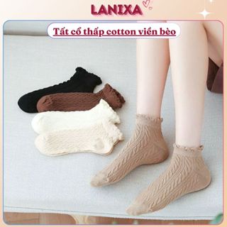Tất cotton nữ cổ ngắn bèo nhún xinh xắn đáng yêu thấm hút tốt thoáng khí họa tiết basic LANIXA T685