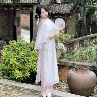 Set áo dài cổ yếm tơ óng đính bướm kèm áo khoác choàng và quần lụa 24FebStudio AD17