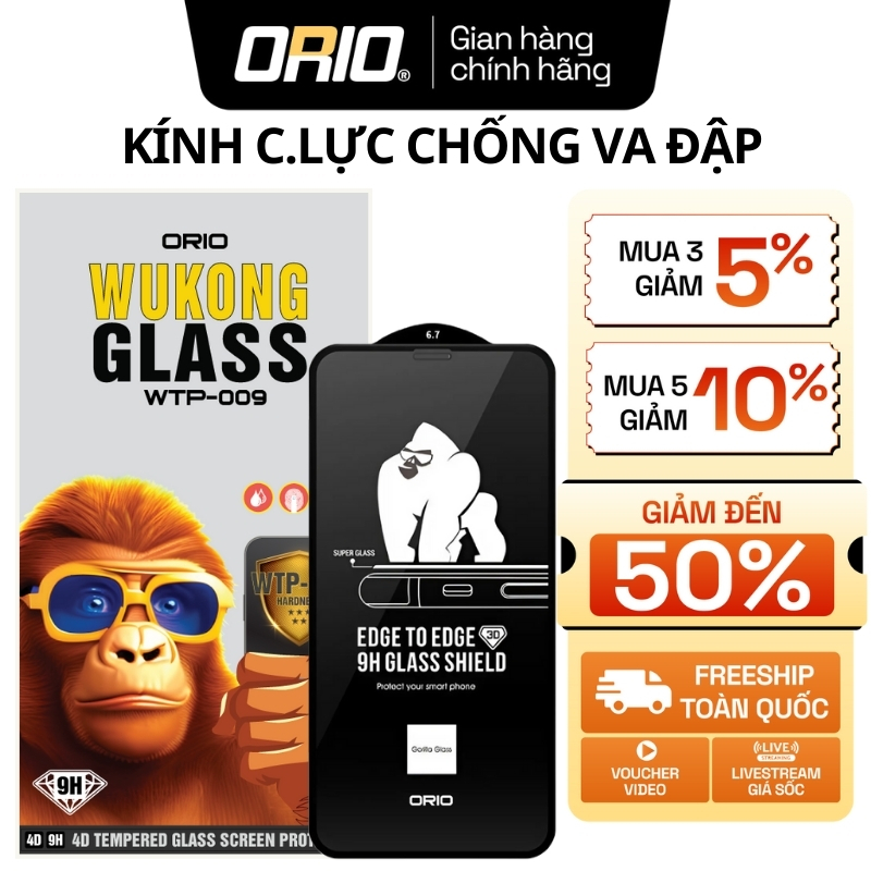 Kính Cường Lực iPhone ORIO WUKONG trong suốt chống va đập 9H 6 7 8 X XS 11 12 13 14 15 16 17 Pro Max
